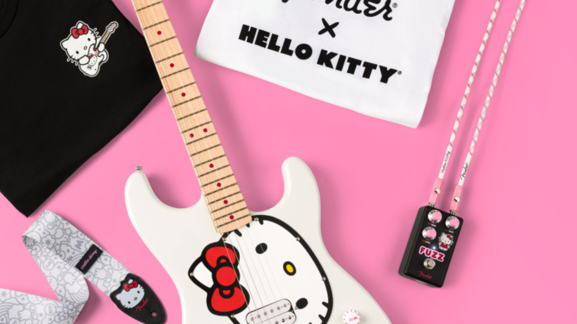 Fender x Hello Kitty 2025 : deux Strat et une fuzz